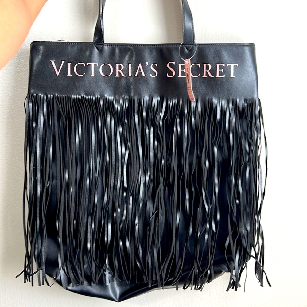 Victoria Secret Black Faux Leather  Fringe tote bag